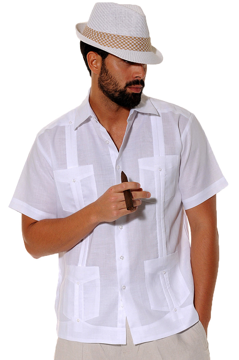 guayabera dress shirts Bohio 100% Linen Guayabera Shirt for Men's 4 Pocket Short Sleeve Traditional Button-Down, Size: 3XL, White