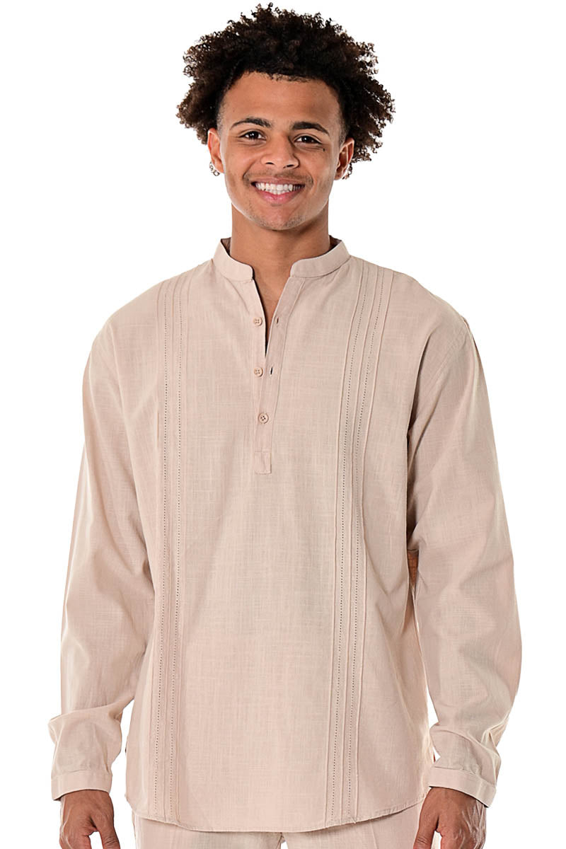 Bohio Men's Cotton Beach Summer Casual Pin-Tuck Banded Collar Long Sleeve Shirt, Size: XL, Beige