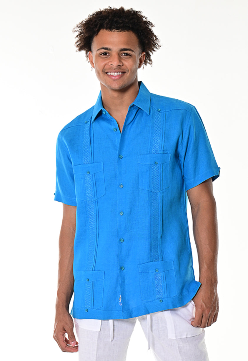 Men's Guayabera 100% Linen Embroidered Panel Fancy Cuban Chacabana Shirt | Bohio Mlg1272, Size: Large, Blue Men's Guayabera 100% Linen Embroidered Panel Fancy Cuban Chacabana Shirt | Bohio Mlg1272, Size: Large, Blue