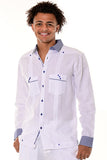BOHIO MENS FANCY GUAYABERA SHIRT STYLE BUTTON UP WITH TWO POCKETS 100% LINEN - white/navy - MLG1416
