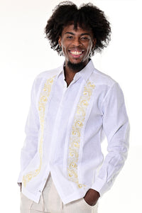 BOHIO MENS FANCY GUAYABERA SHIRT STYLE BUTTON UP FRONT EMBROIDERED WITH CUFF 100% LINEN - white/gold - MLG1685