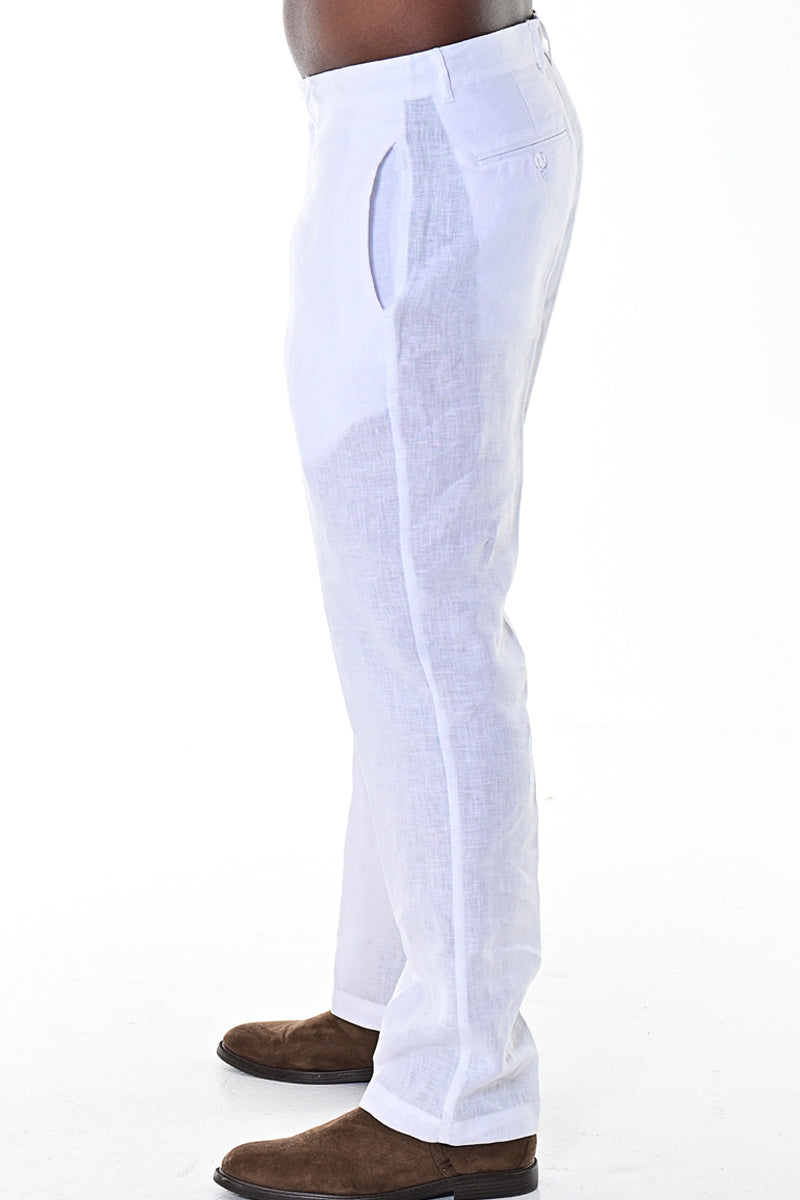 BOHIO MENS CASUAL SUMMER FLAT FRONT PANTS 100% LINEN - IN (6) COLORS - MLP50 white side