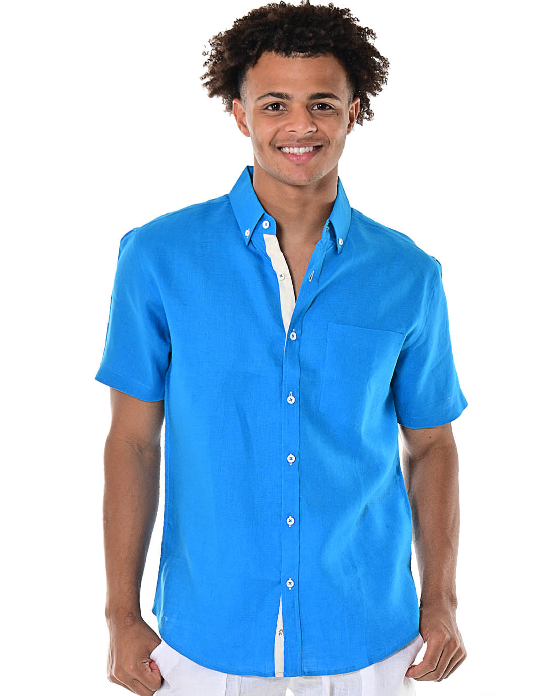 Bohio Men's 100% Linen Short Sleeve Shirt w/Pocket & Contrast Buttons in (2) Colors-MLS1554, Size: Large, Blue