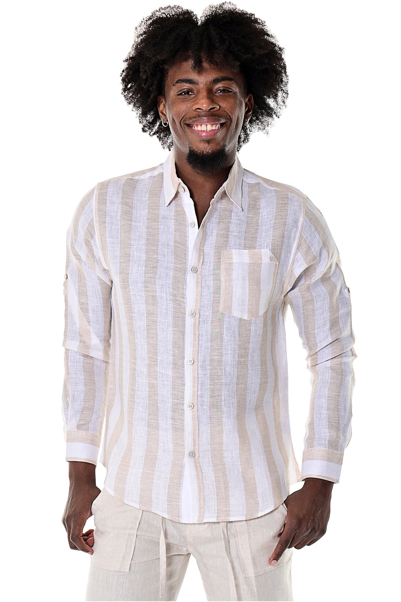 Bohio 100% Linen Long Sleeve Button-Down Shirt with Pocket & Stripes, Men's, Size: XL, Beige