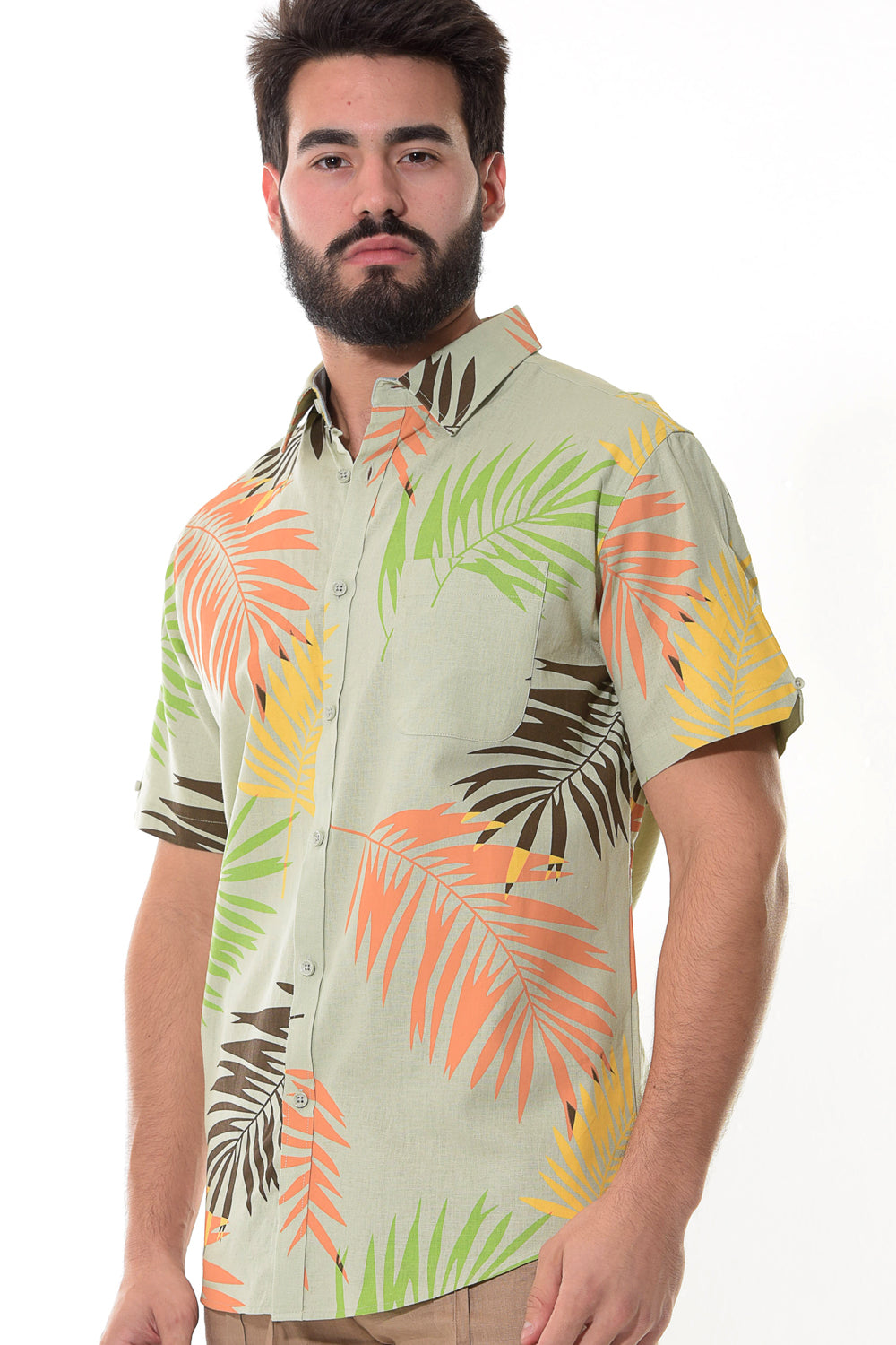 Bohio Mens Linen Tropical Print Casual Short Sleeve (1) Pocket Button Down Shirt on a model side view - MLSP1188
