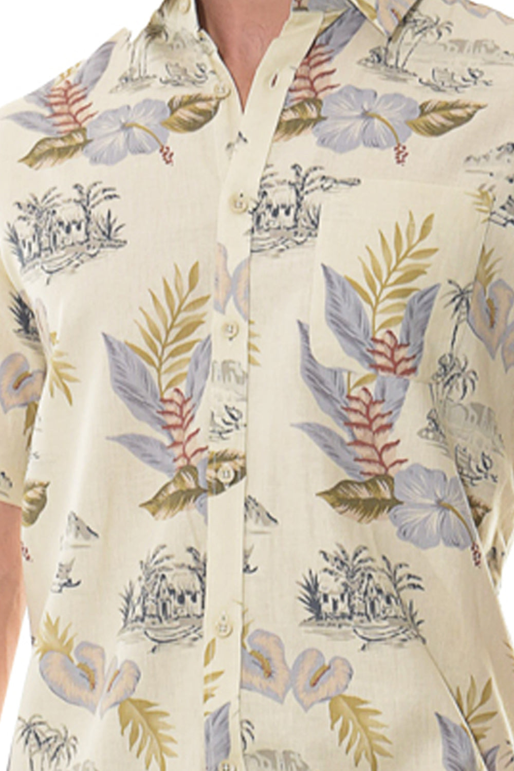 Bohio Mens Linen Tropical Print Casual Short Sleeve (1) Pocket Button Down Shirt - on a model close up view MLSP1189