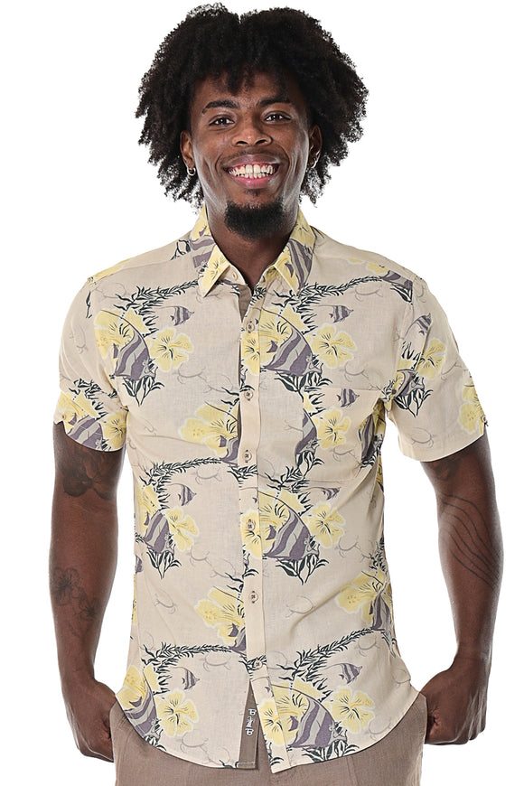Bohio Men's Linen Button-Down Shirt w/Pocket Tropical Angel Fish Hibiscus Print Beige-MLSP1694 - Casual Tropical Wear