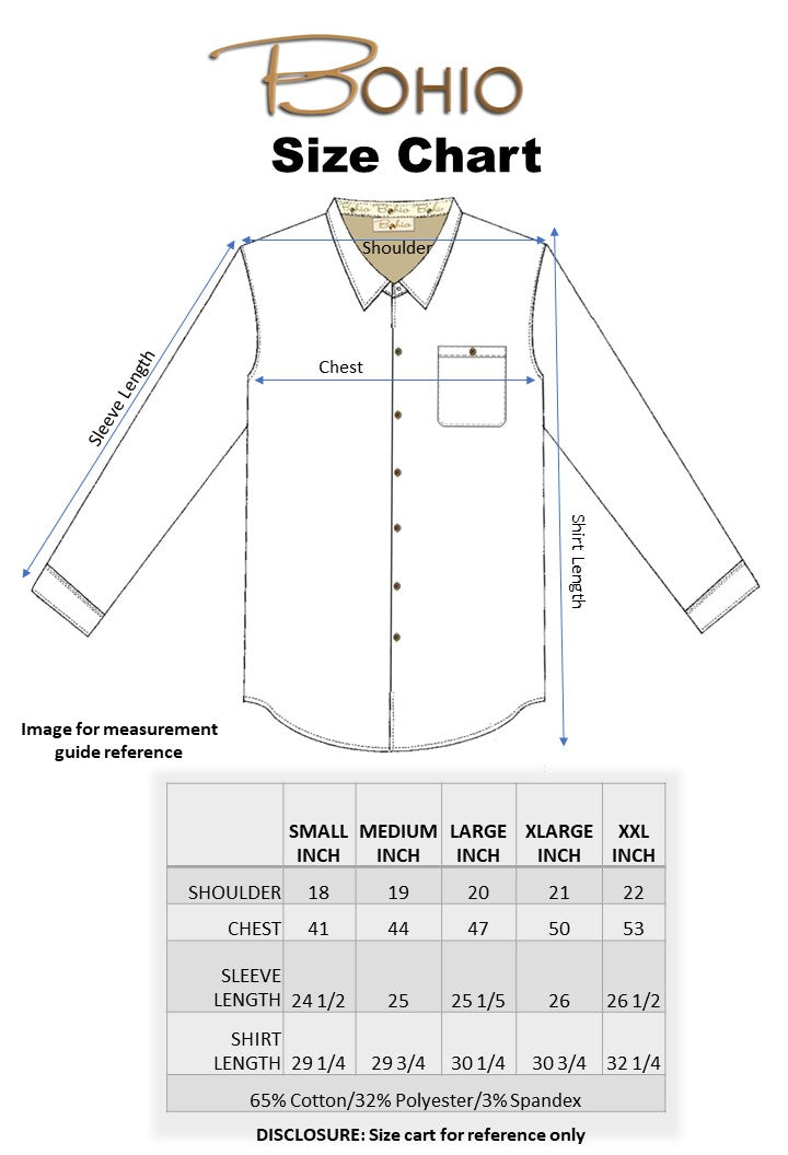 Bohio Mens Casual Print Shirt - Vacay Long Sleeve Button Up Night Life - MXL1660 size chart