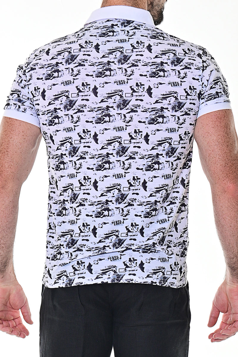 Men's Polo Shirt Short Sleeve Modern Pattern Golf White/Black - MKT1568 - Casual Tropical Wear