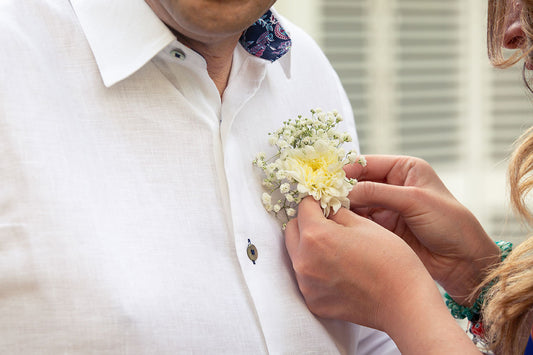 Happy groom with a linen white guayabera on his wedding day