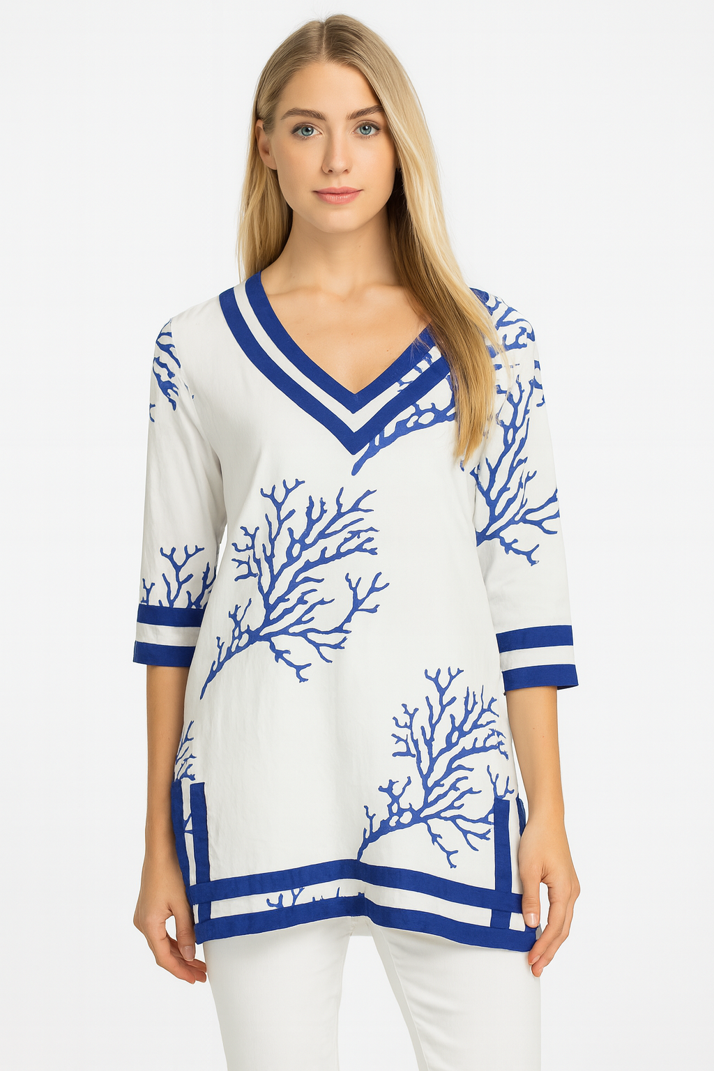 White & Royal Blue Coral Print Cotton Tunic – 100% Cotton Resort wear Top or Beach Cover-Up - LCT3694 - Casual Tropical Wear