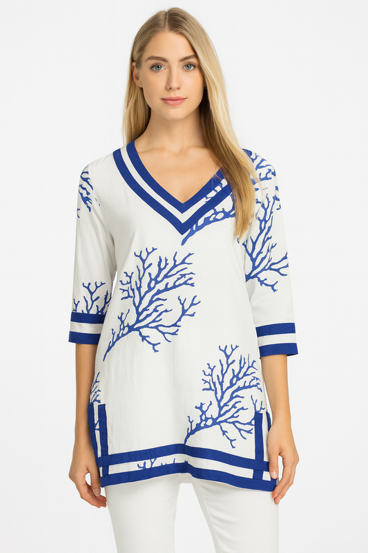 White & Royal Blue Coral Print Cotton Tunic – 100% Cotton Resort wear Top or Beach Cover-Up - LCT3694 - Casual Tropical Wear