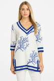 White & Royal Blue Coral Print Cotton Tunic – 100% Cotton Resort wear Top or Beach Cover-Up - LCT3694