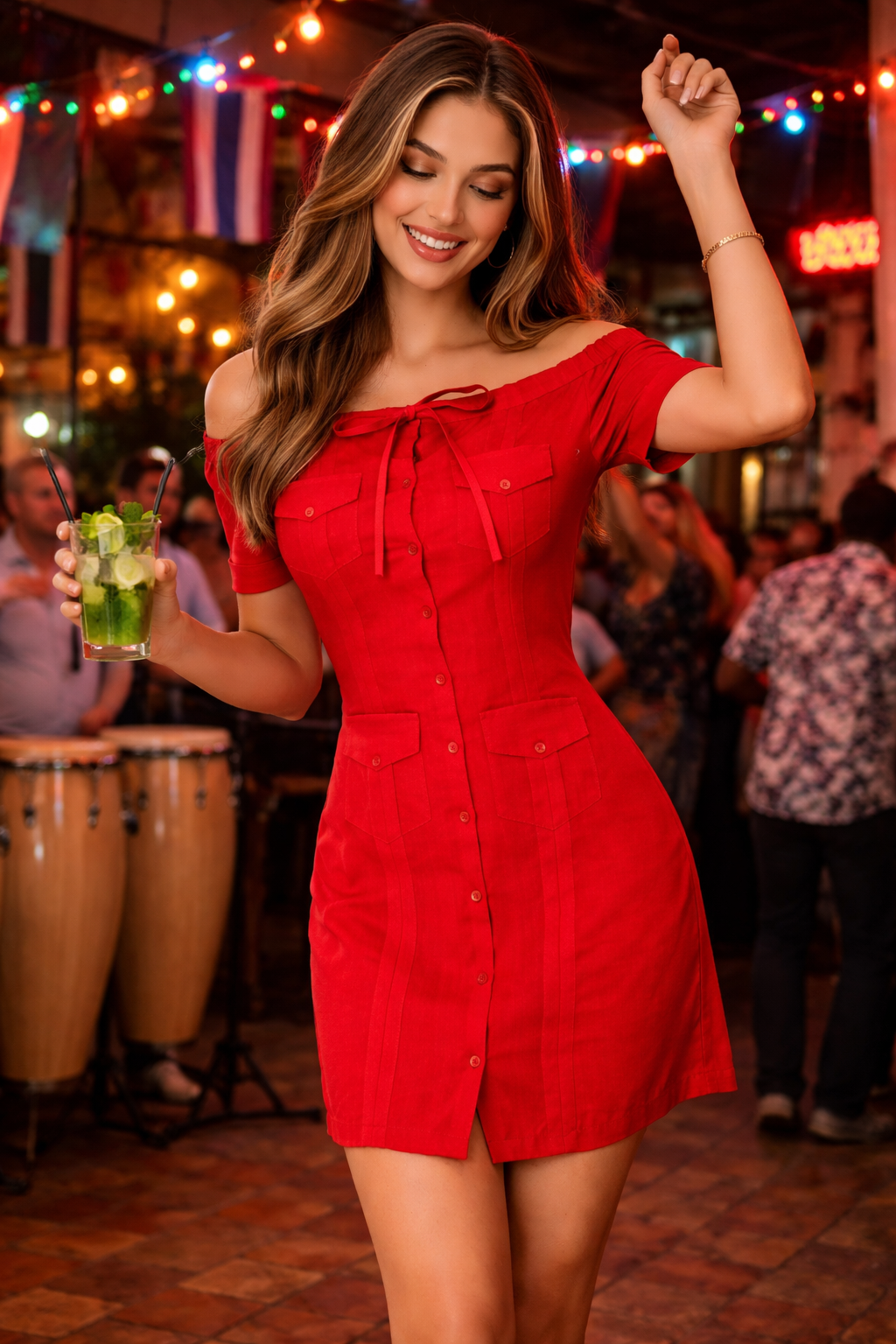 Ladies 100% Soft Linen Traditional (4) Pocket Guayabera Dress in (5) Colors - LLGD3011 - Casual Tropical Wear