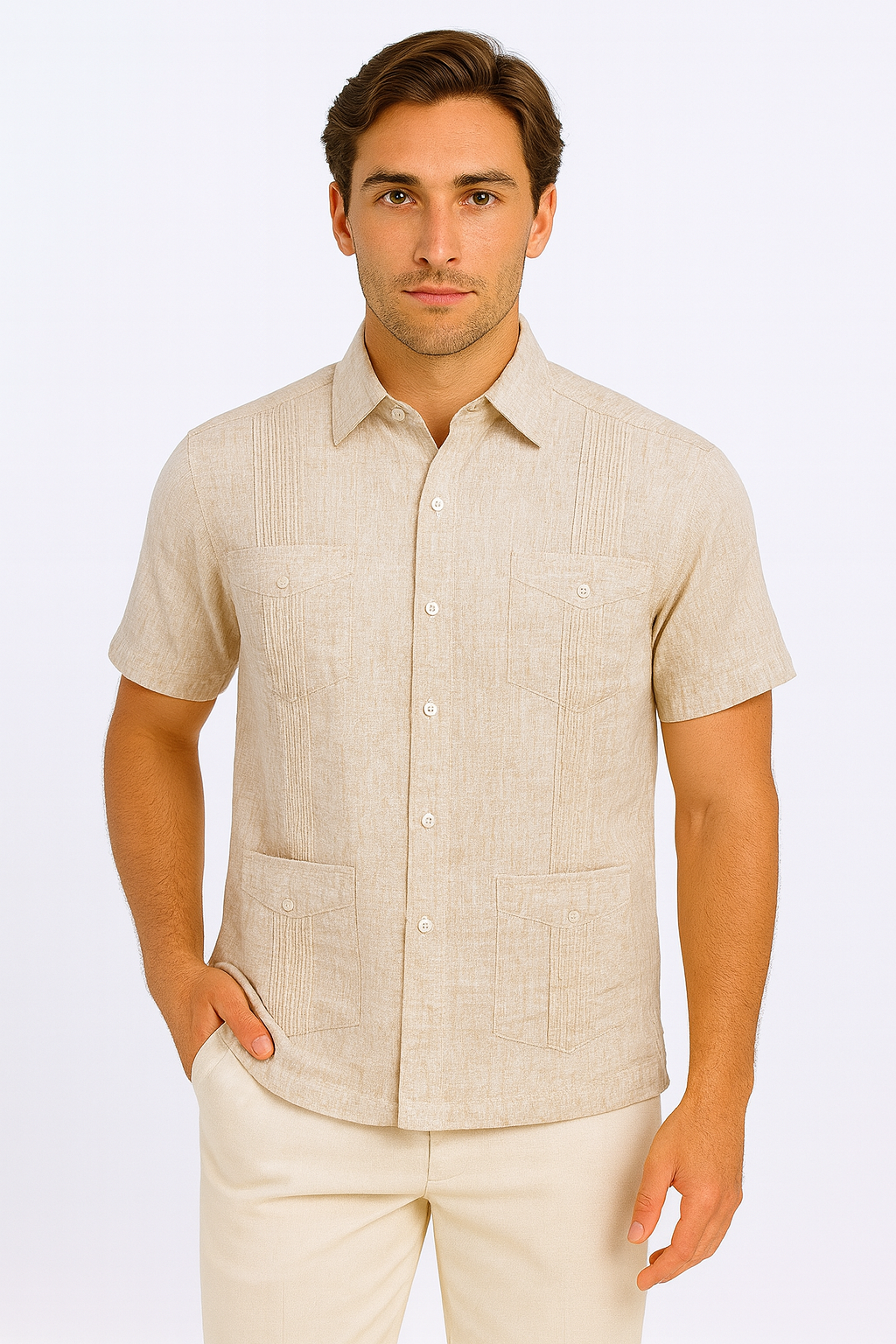 Men’s Wrinkle-Free Linen Look Guayabera Shirt – Short Sleeve, Linen Blend (6 Colors) -MLG3525 - Casual Tropical Wear