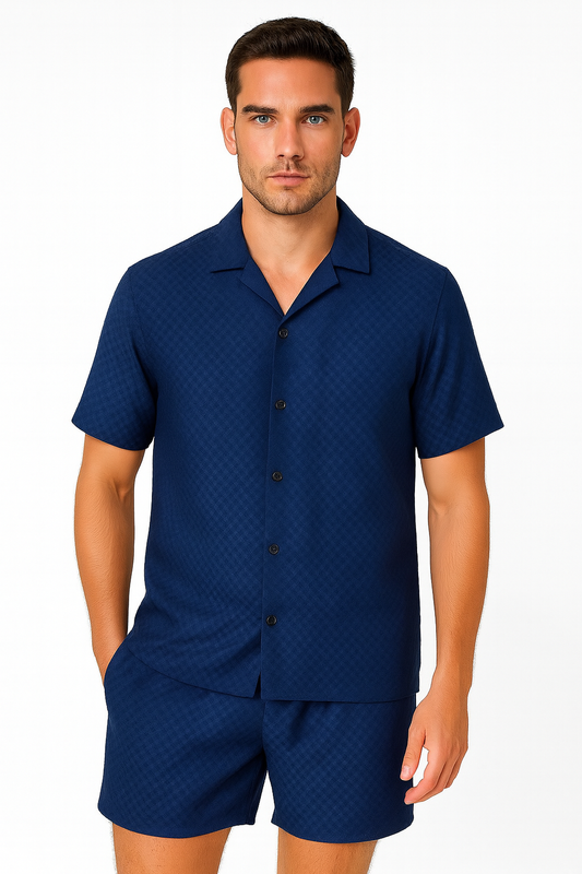 Men’s 2-Piece Textured Polyester Set – Short Sleeve Button-Up Shirt & Matching Shorts - MSH3714 - Casual Tropical Wear