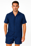 Men’s 2-Piece Textured Polyester Set – Short Sleeve Button-Up Shirt & Matching Shorts - MSH3714