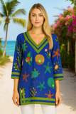 Royal Blue Sea Life Cotton Tunic – 100% Cotton Handcrafted Resort Wear Top with Turtles, Starfish & Coral Design - LCT3691