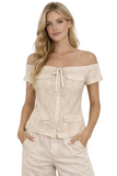 Women's Off-Shoulder Guayabera Linen Top – 100% Linen Button Front Summer Blouse | Resort & Vacation Wear | Available in 5 Colors- LLGB3007 - Casual Tropical Wear