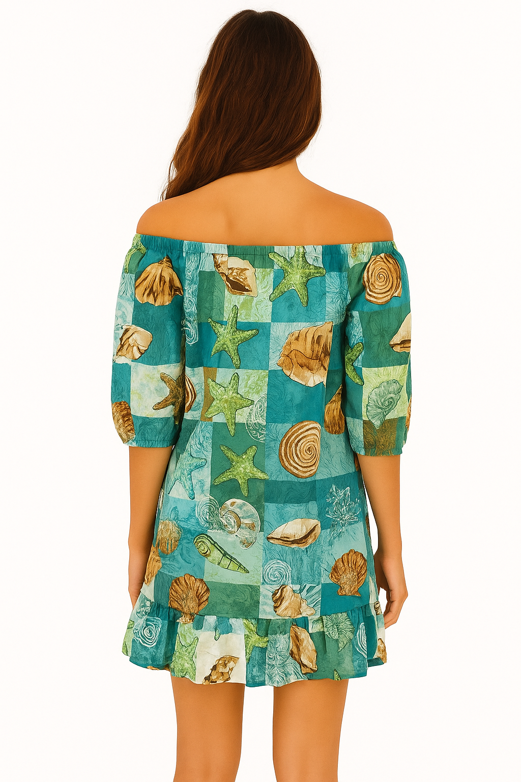Seashell & Starfish Off-Shoulder Cotton Dress – 100% Cotton Beach Cover-Up - LCD3601 - Casual Tropical Wear
