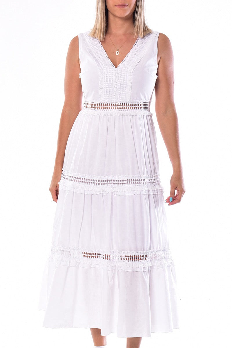 White Tiered Midi Dress with Crochet Waist Detail- LRPD950 - Casual Tropical Wear