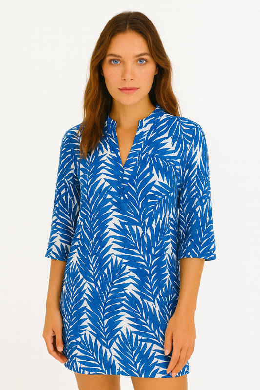 Blue Palm Leaf Print Cotton Tunic – 100% Cotton Resortwear Top, Blouse or Dress - LCT3591 - Casual Tropical Wear