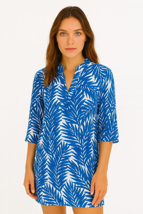 Blue Palm Leaf Print Cotton Tunic – 100% Cotton Resortwear Top, Blouse or Dress - LCT3591