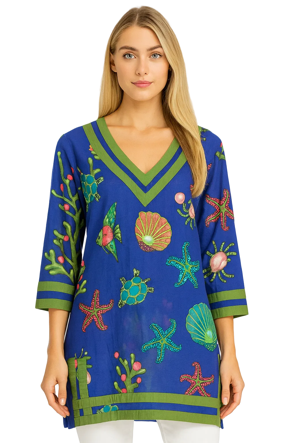 Royal Blue Sea Life Cotton Tunic – 100% Cotton Handcrafted Resort Wear Top with Turtles, Starfish & Coral Design - LCT3691 - Casual Tropical Wear
