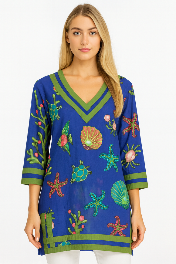 Royal Blue Sea Life Cotton Tunic – 100% Cotton Handcrafted Resort Wear Top with Turtles, Starfish & Coral Design - LCT3691