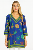 Royal Blue Sea Life Cotton Tunic – 100% Cotton Handcrafted Resort Wear Top with Turtles, Starfish & Coral Design - LCT3691