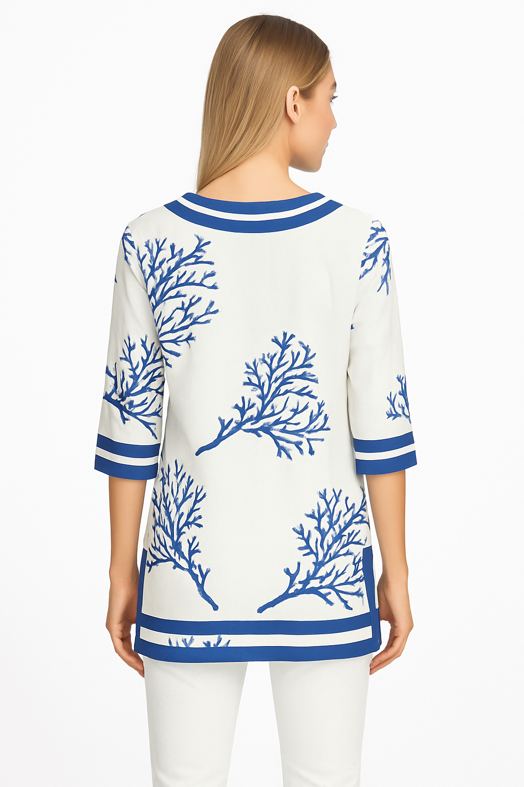 White & Royal Blue Coral Print Cotton Tunic – 100% Cotton Resort wear Top or Beach Cover-Up - LCT3694 - Casual Tropical Wear