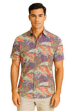 Men’s Tropical Leaf Print Cotton Gauze Short Sleeve Shirt – Multicolor- MCS3244
