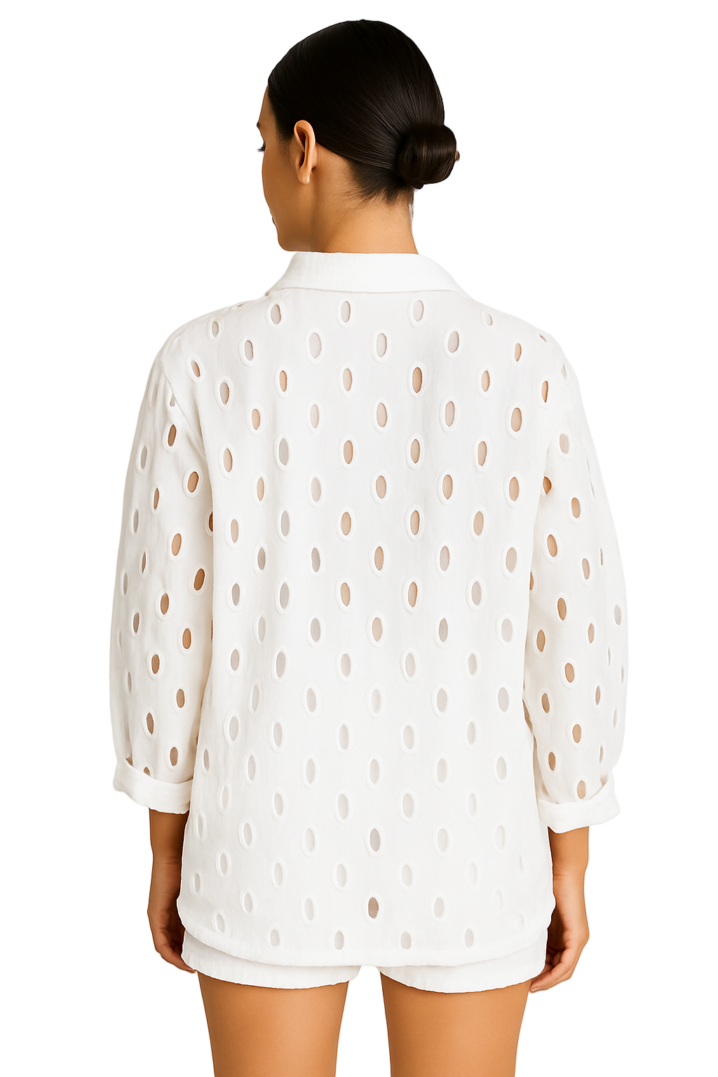 Women's 2-Piece Embroidered Eyelet Set – Button-Up Shirt & Shorts (White, Navy, Orange) - LCS3719 - Casual Tropical Wear
