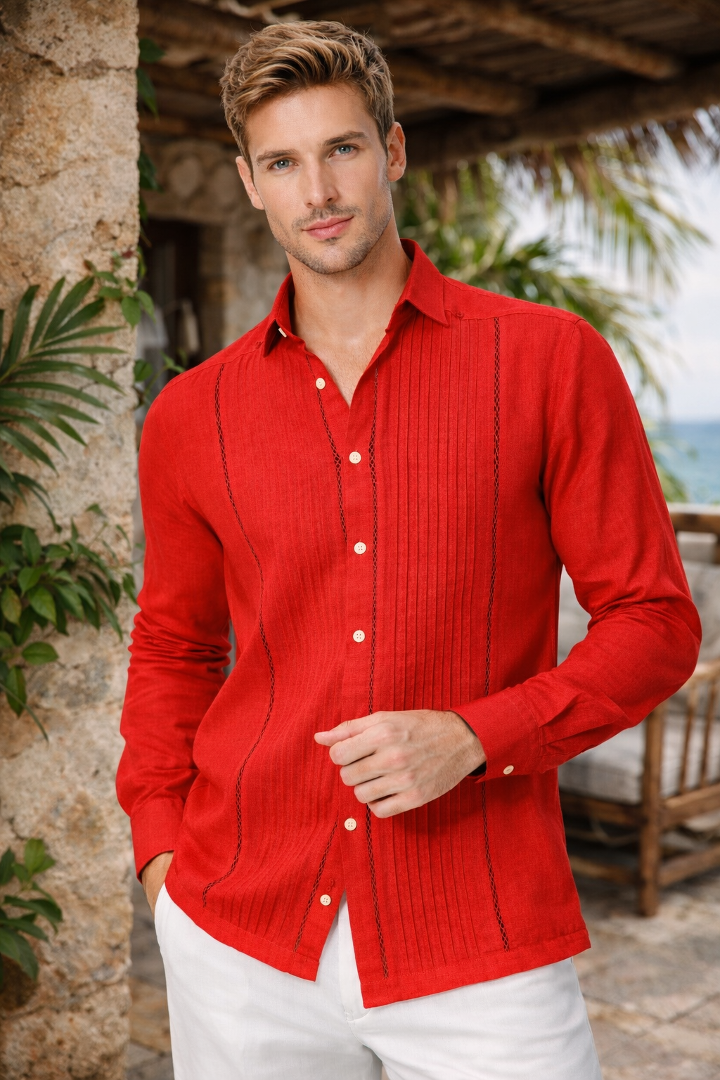 Bohio Men’s 100% Linen Pleated Long Sleeve Shirt | Lightweight Button-Up | Red & Natural - Casual Tropical Wear