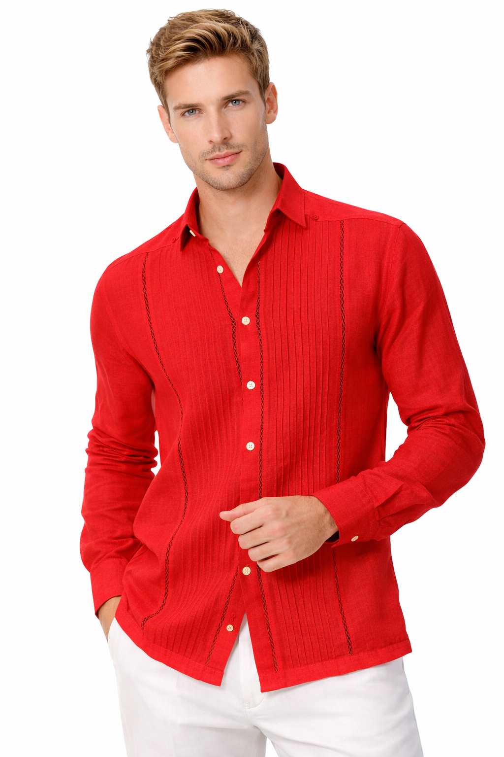 Bohio Men’s 100% Linen Pleated Long Sleeve Shirt | Lightweight Button-Up | Red & Natural - Casual Tropical Wear