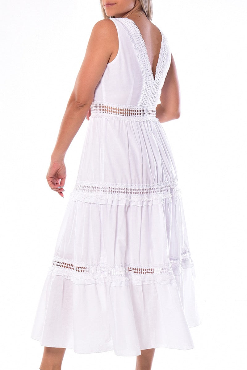 White Tiered Crochet Midi Dress – Summer Boho Dress L White Tiered Crochet Midi Dress – Summer Boho Dress L