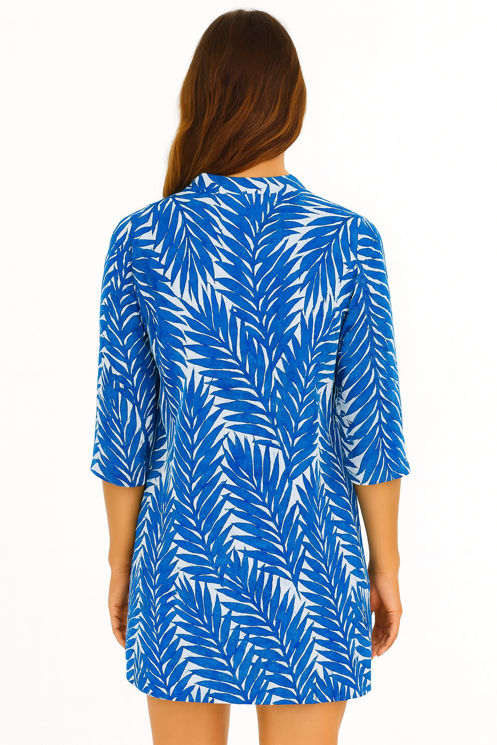 Blue Palm Leaf Print Cotton Tunic – 100% Cotton Resortwear Top, Blouse or Dress - LCT3591 - Casual Tropical Wear