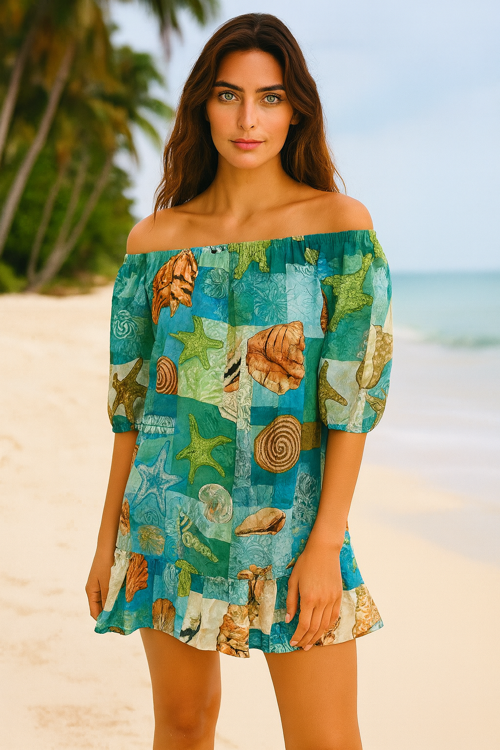 Seashell & Starfish Off-Shoulder Cotton Dress – 100% Cotton Beach Cover-Up - LCD3601 - Casual Tropical Wear