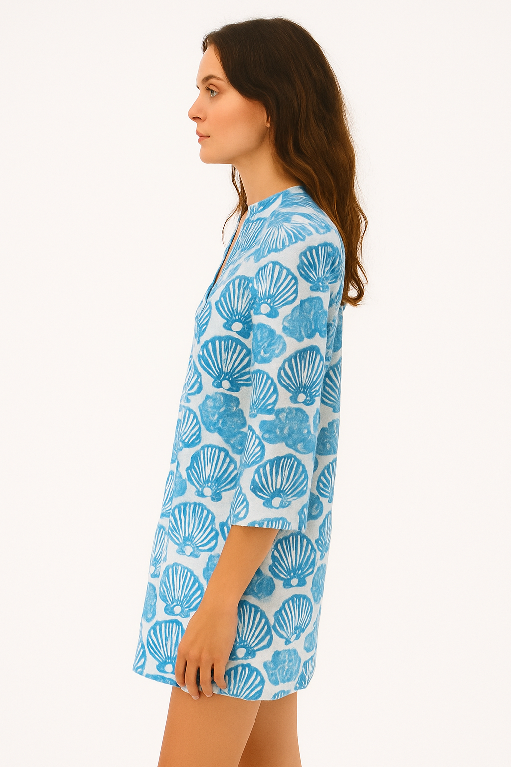 Blue Seashell Print Cotton Tunic  100% Cotton Beach Cover-Up, Blouse or Dress - LCT3589 S/M