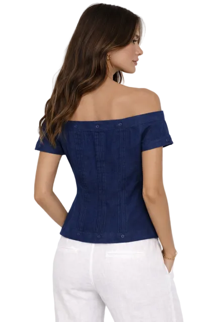 Women's Off-Shoulder Guayabera Linen Top – 100% Linen Button Front Summer Blouse | Resort & Vacation Wear | Available in 5 Colors- LLGB3007 - Casual Tropical Wear