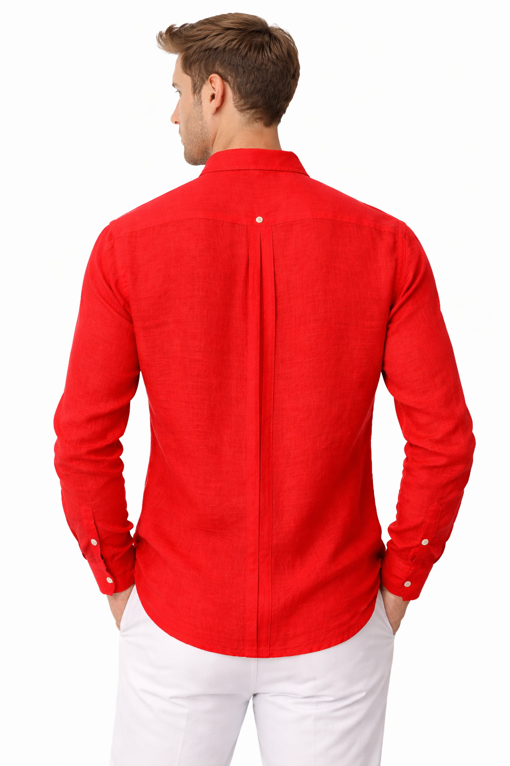 Bohio Men’s 100% Linen Pleated Long Sleeve Shirt | Lightweight Button-Up | Red & Natural - Casual Tropical Wear