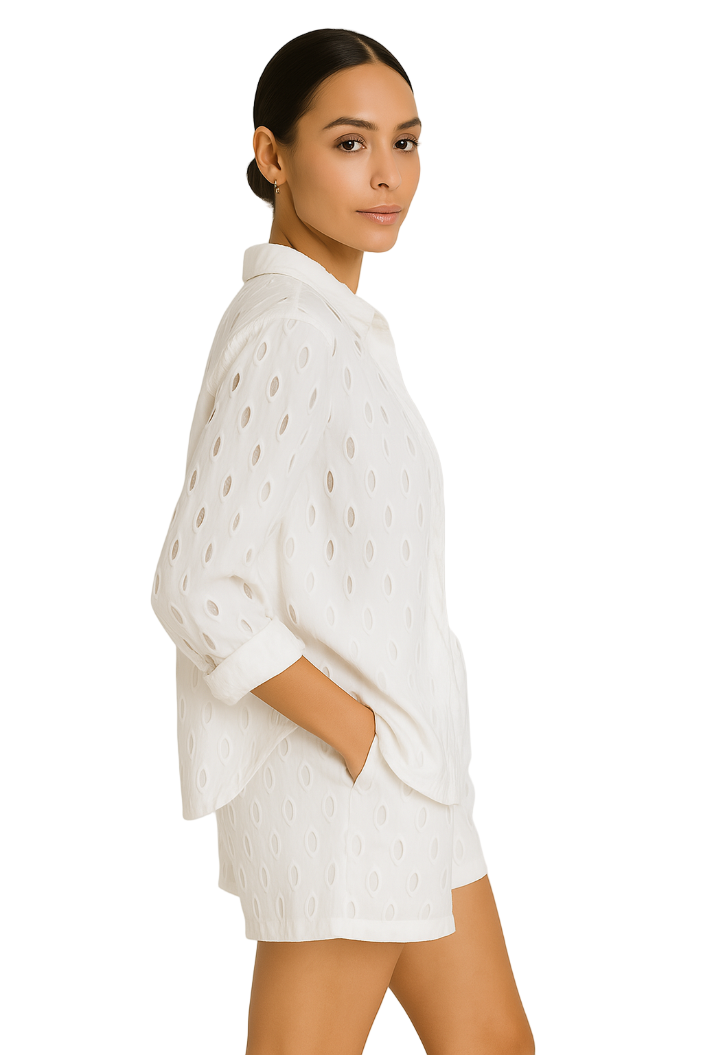Women's 2-Piece Embroidered Eyelet Set – Button-Up Shirt & Shorts (White, Navy, Orange) - LCS3719 - Casual Tropical Wear