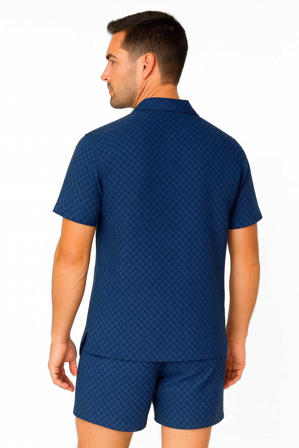 Men’s 2-Piece Textured Polyester Set – Short Sleeve Button-Up Shirt & Matching Shorts - MSH3714 - Casual Tropical Wear