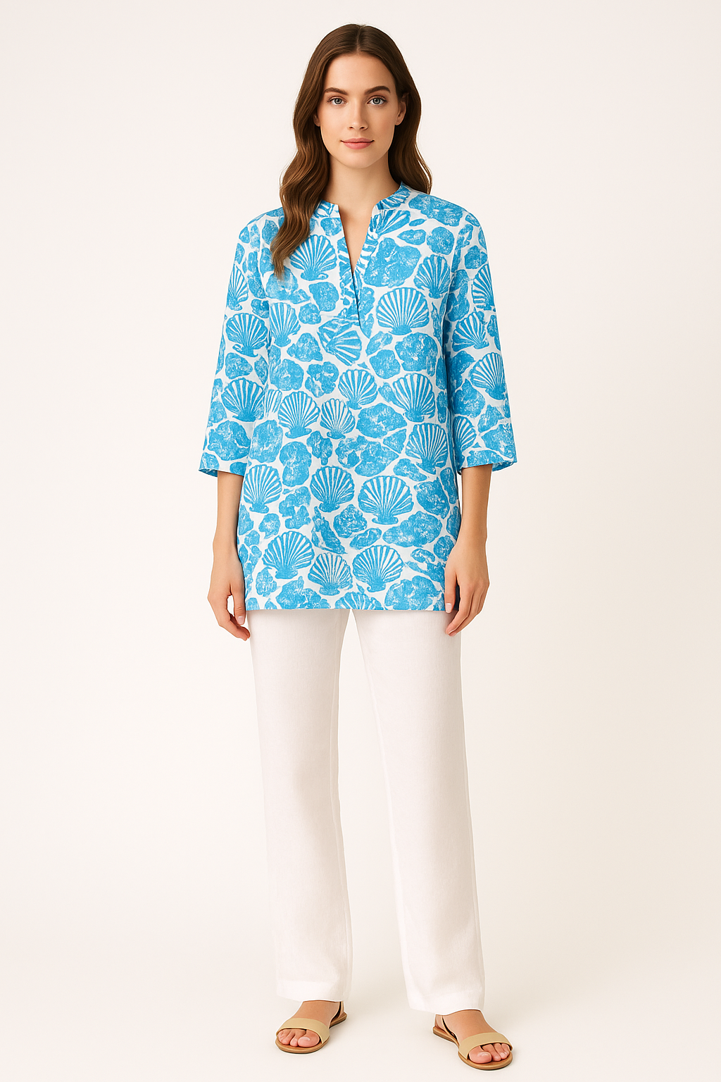 Blue Seashell Print Cotton Tunic – 100% Cotton Beach Cover-Up, Blouse or Dress - LCT3589 - Casual Tropical Wear