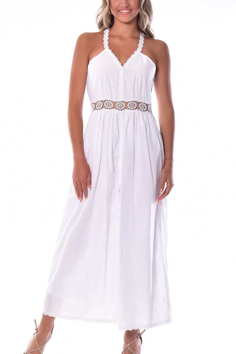 White Crochet Detail Halter Maxi Dress – Elegant Summer Resort Style -LRPD1579 - Casual Tropical Wear
