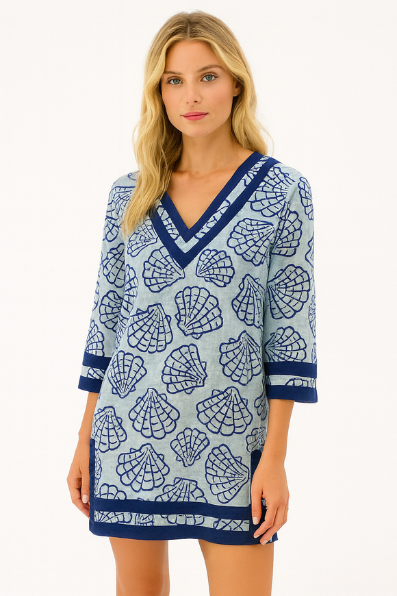 Tropical Seashell & Starfish Off-Shoulder Dress – 100% Cotton Beach Cover-Up - LCT3692