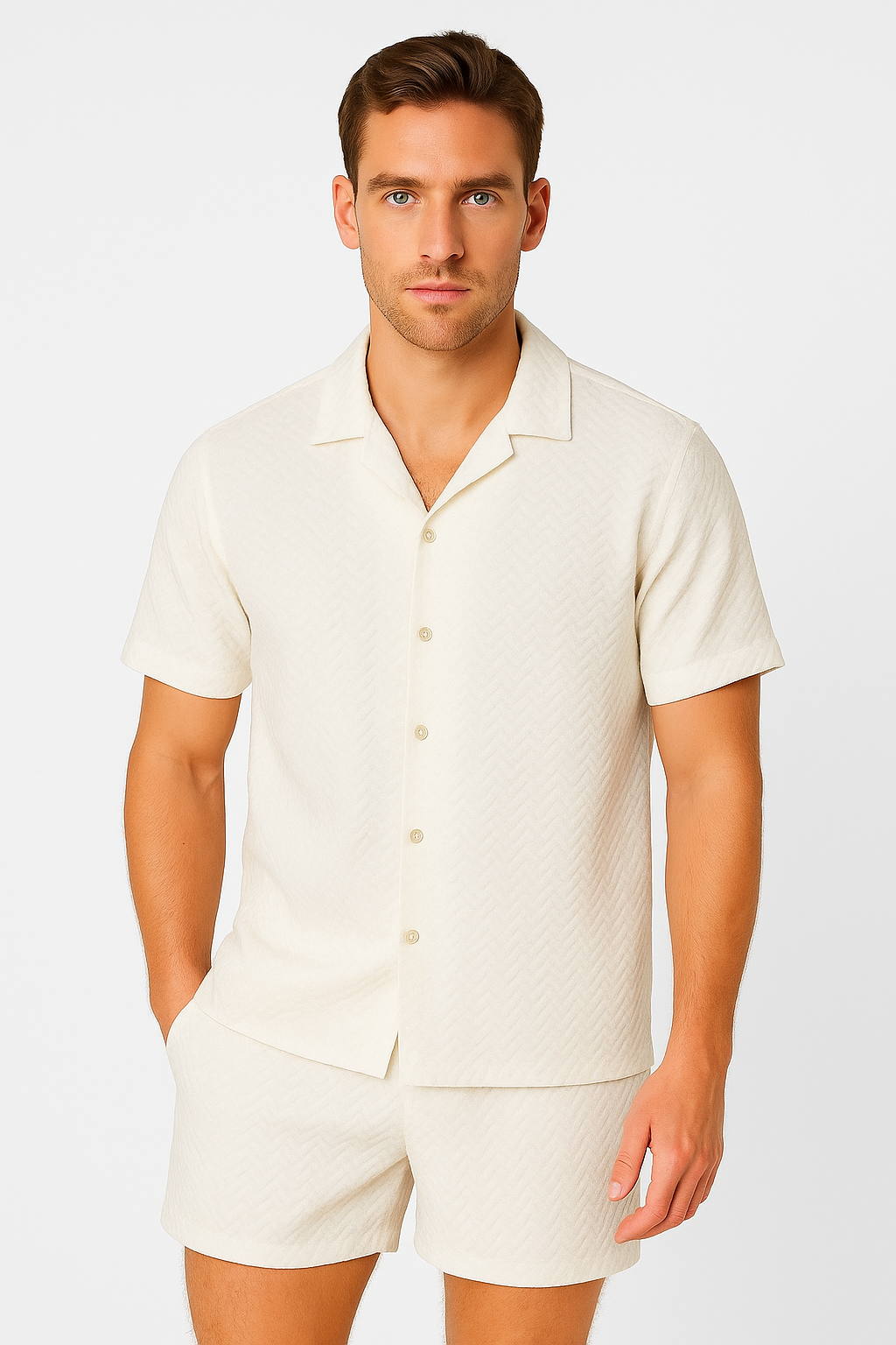 Men’s 2-Piece Textured Polyester Set – Short Sleeve Button-Up Shirt & Matching Shorts - MSH3714 - Casual Tropical Wear