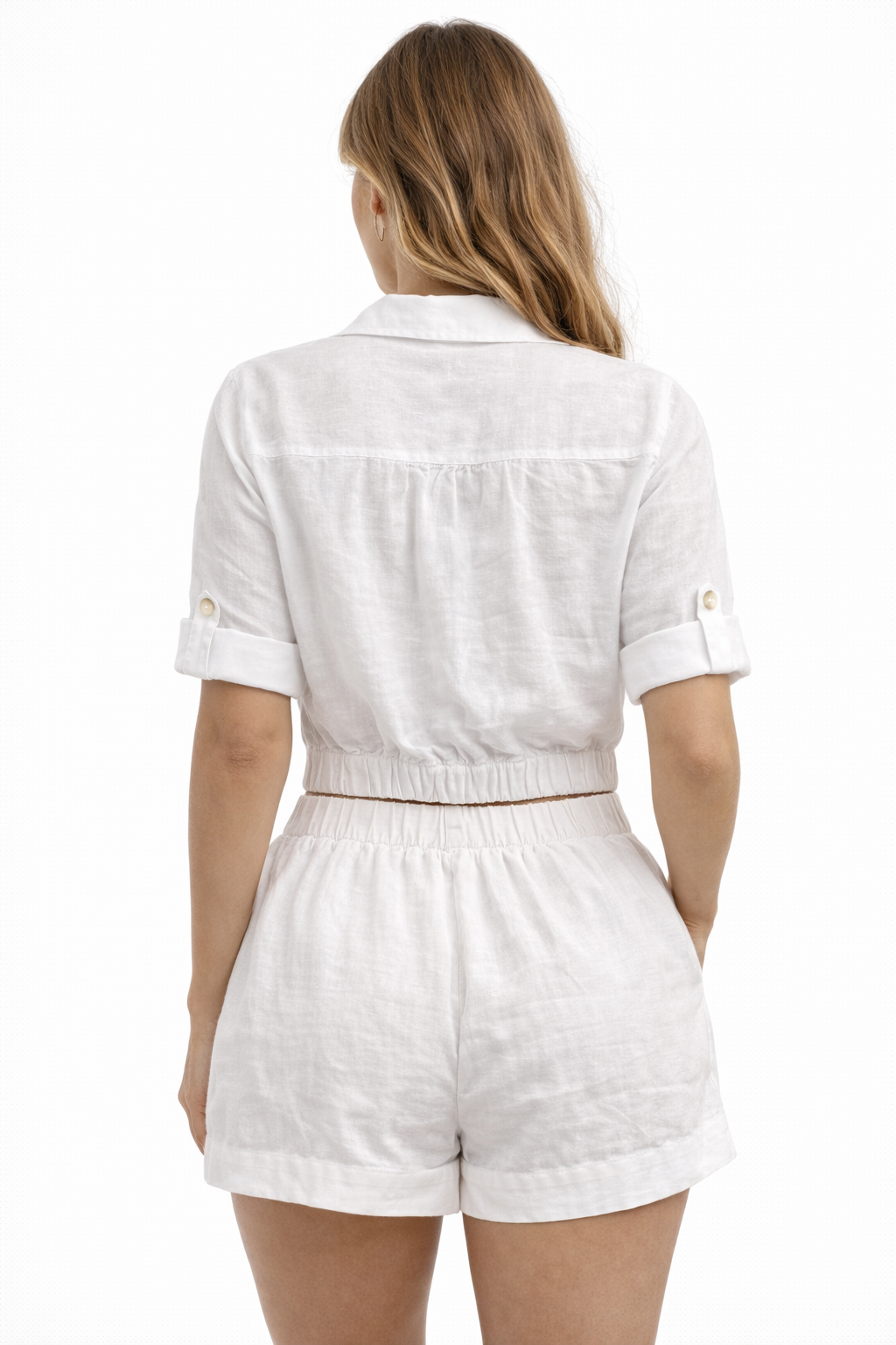 Women’s 100% Linen Tie-Front Button-Up Top – Natural & White - LLWB3739 - Casual Tropical Wear