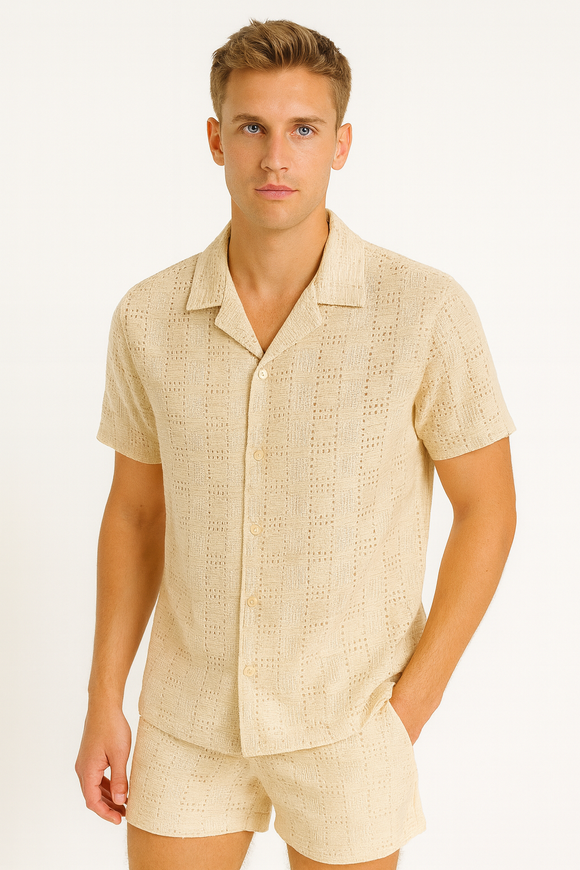 Men’s 2-Piece Crochet Cotton Set – Short Sleeve Button-Up Shirt & Matching Shorts (Available in Natural & White) - MSH3713