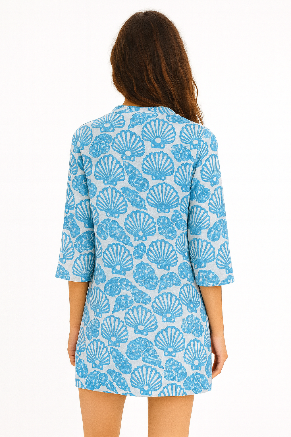 Blue Seashell Print Cotton Tunic – 100% Cotton Beach Cover-Up, Blouse or Dress - LCT3589 - Casual Tropical Wear